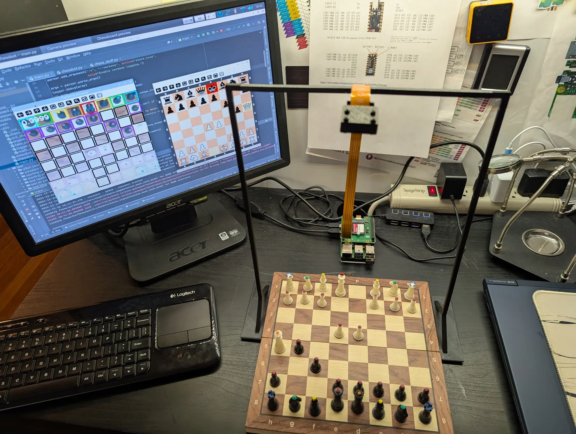 A picture of a chessboard, a Raspberry Pi camera, a Raspberry Pi 5, and a monitor showing the fools mate on screen.